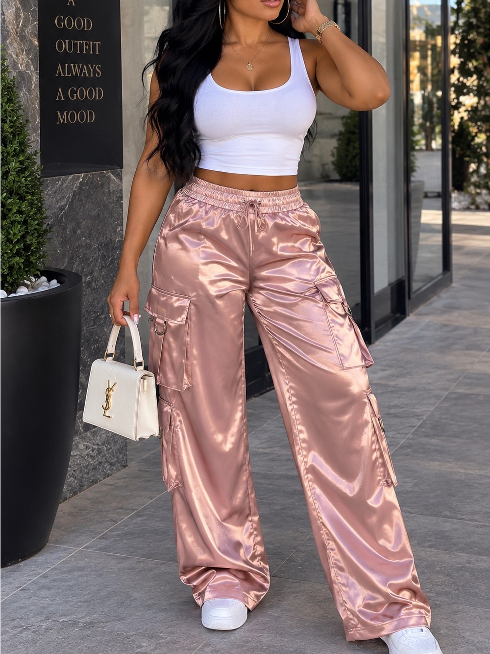 Women's Rose Gold Satin Cargo Wide-Leg Pants